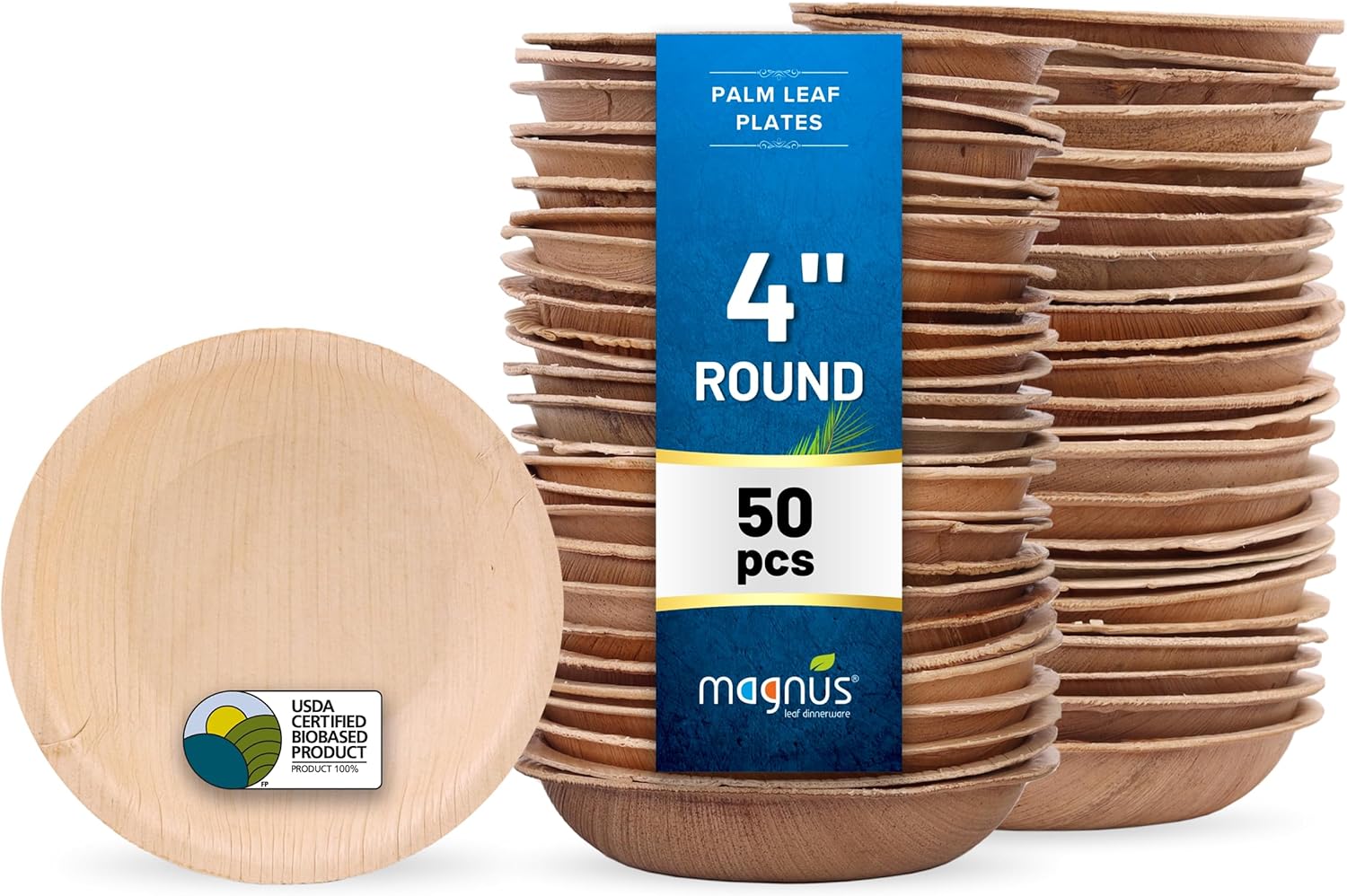 magnus Platos redondos poco profundos de 4 pulgadas, 50 unidades de 2.5 onzas, platos desechables, como platos de bambú, platos de hoja de palma