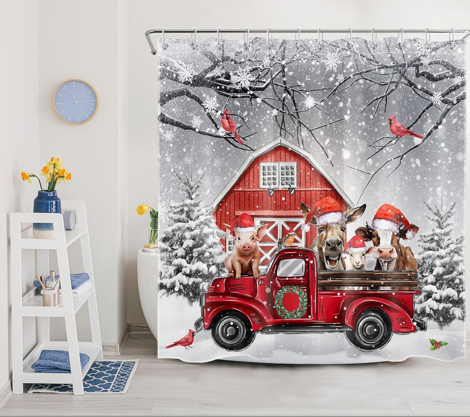 HVEST Cortina de ducha de Navidad para baño, divertida cortina de ducha con ganchos, juego de cortina de ducha de invierno con bosque nevado gris,