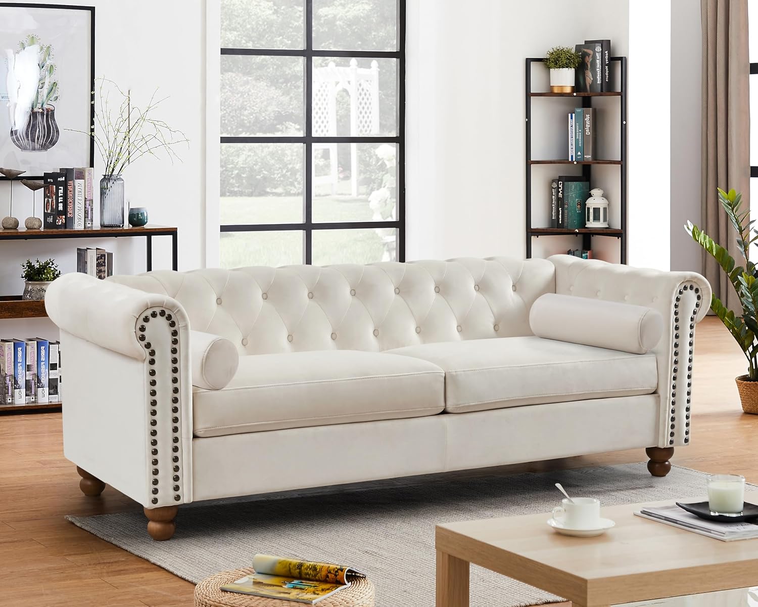 Chesterfield – Sofá moderno tapizado cómodo con asientos profundos, sofá de 3 plazas con 2 almohadas para sala de estar, apartamento, oficina, sala