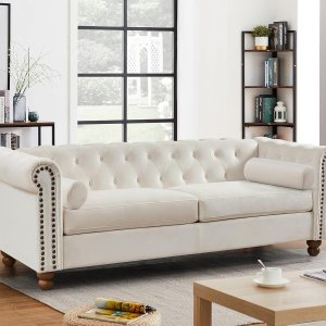 Chesterfield – Sofá moderno tapizado cómodo con asientos profundos, sofá de 3 plazas con 2 almohadas para sala de estar, apartamento, oficina, sala Chesterfield – Sofá moderno tapizado cómodo con asientos profundos, sofá de 3 plazas con 2 almohadas para sala de estar, apartamento, oficina, sala