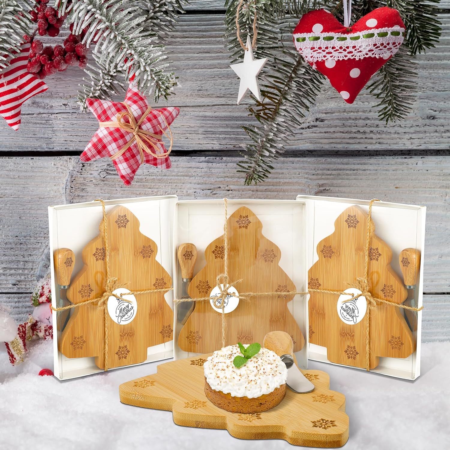 Kigley 6 piezas de tabla de cortar queso para árbol de Navidad, tabla de cortar madera para servir tablero de madera en forma de árbol de