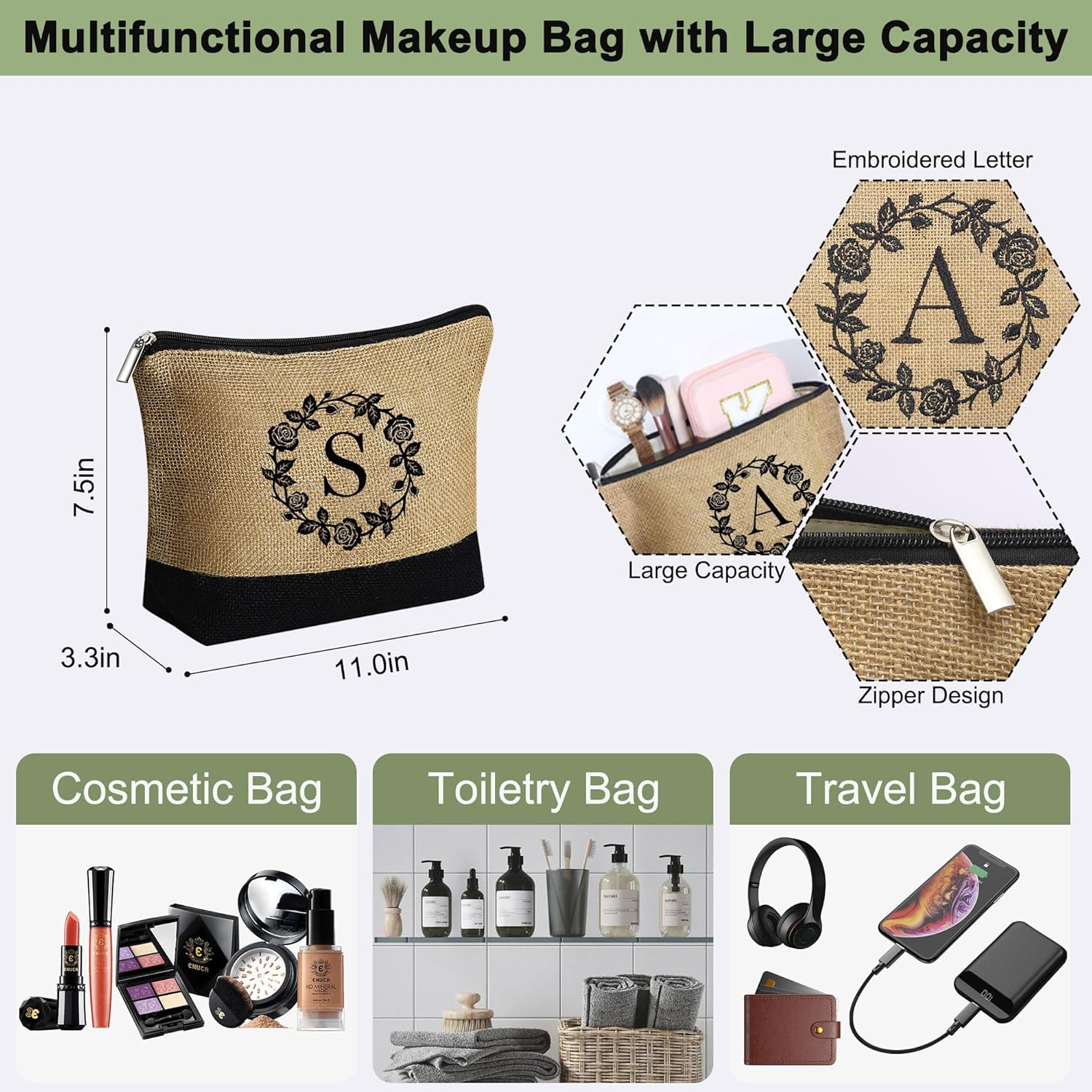 Regalos para mujeres  Bolsa de yute con inicial de playa y bolsa de maquillaje, regalos de graduación 2024, regalos de cumpleaños para mejor amiga