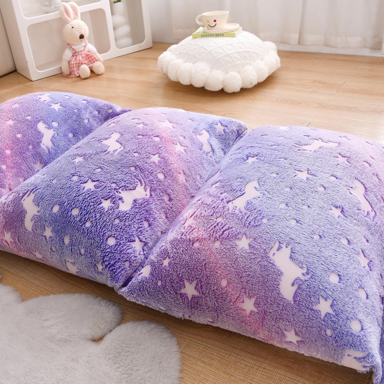 Mengersi Almohadas de terciopelo para suelo, de unicornio que brilla en la oscuridad, funda para tumbona para niños, niñas, niños, colchoneta para