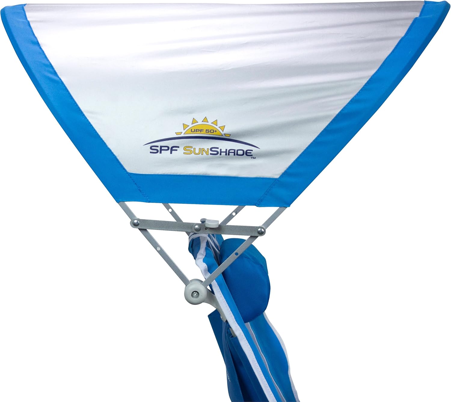 GCI Outdoor Waterside – Silla de playa tipo mochila azul real y sombrilla junto al agua