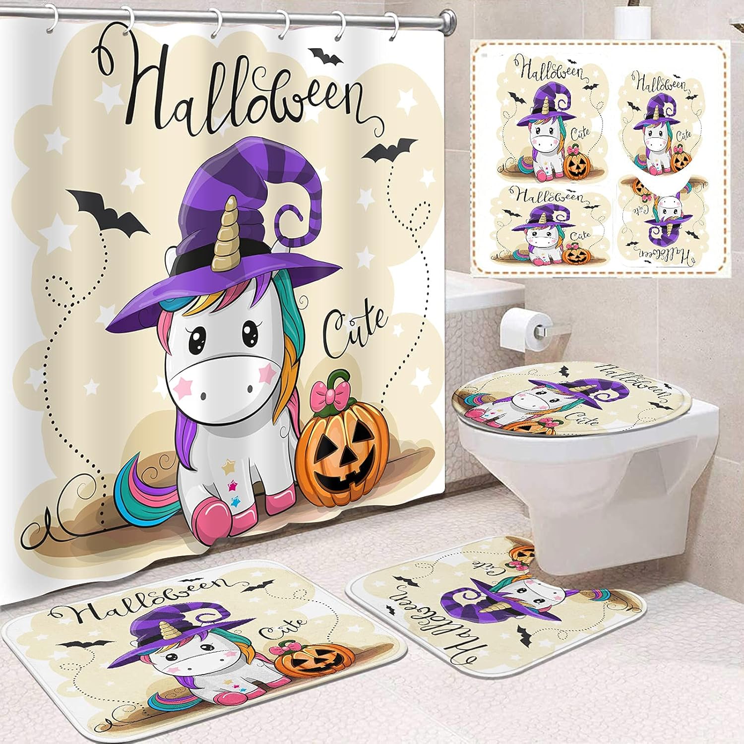 Britimes Juego de 4 cortinas de ducha de unicornio con alfombras, juego de baño con alfombra antideslizante, tapa de inodoro y 12 ganchos, 72 x 72