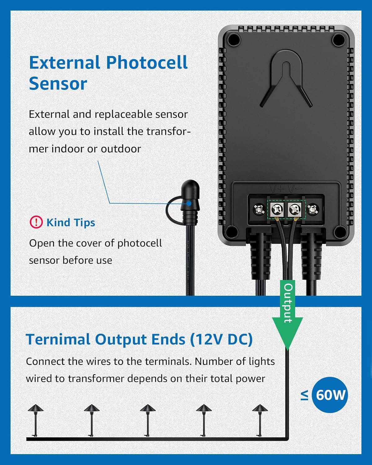 SUNVIE Transformador de paisaje de bajo voltaje de 60 W con temporizador y sensor de fotocélula, transformador de iluminación de paisaje de 120 V CA