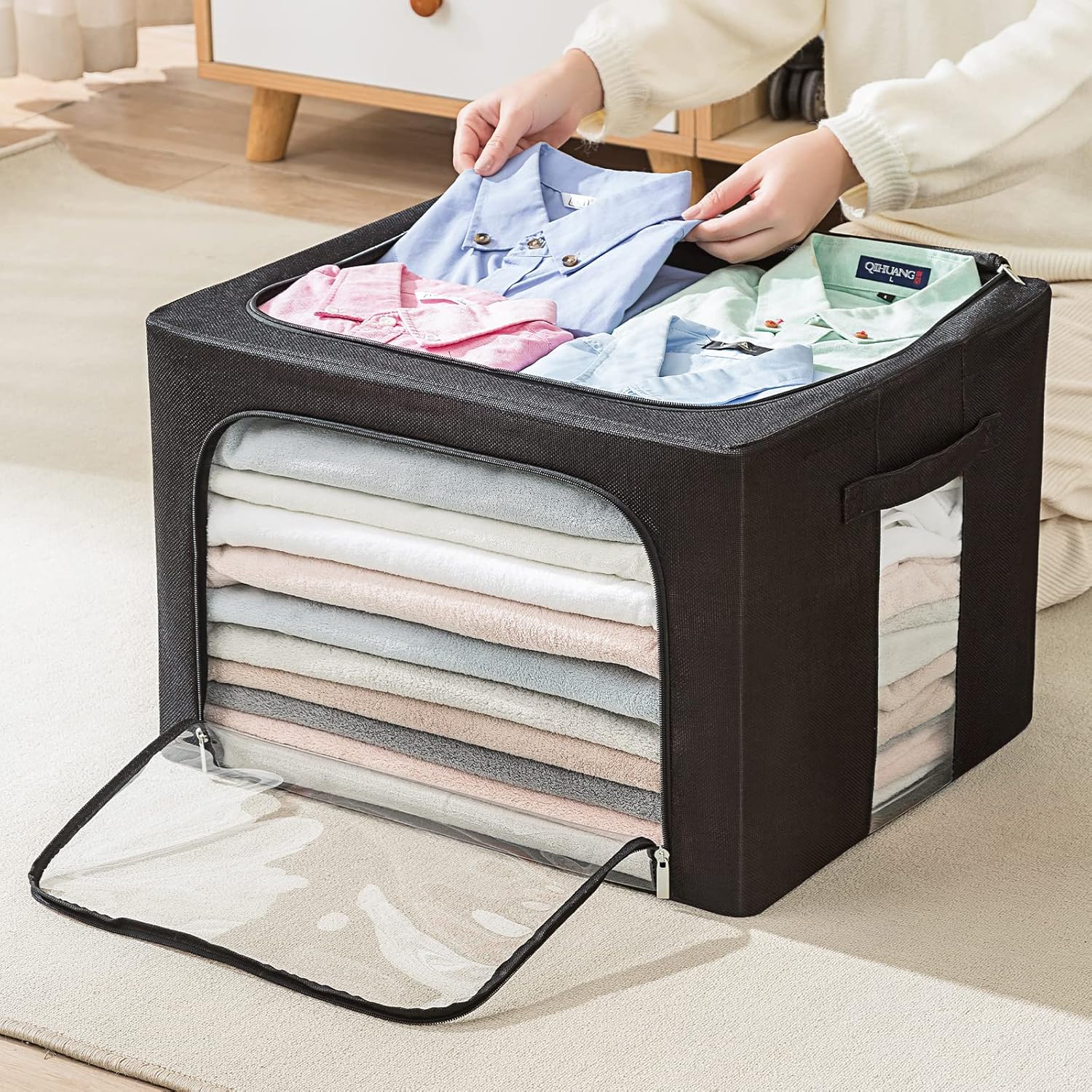 Paquete de 2 contenedores de almacenamiento de ropa, caja de almacenamiento plegable con marco de metal, juego organizador de tela de lino de gran