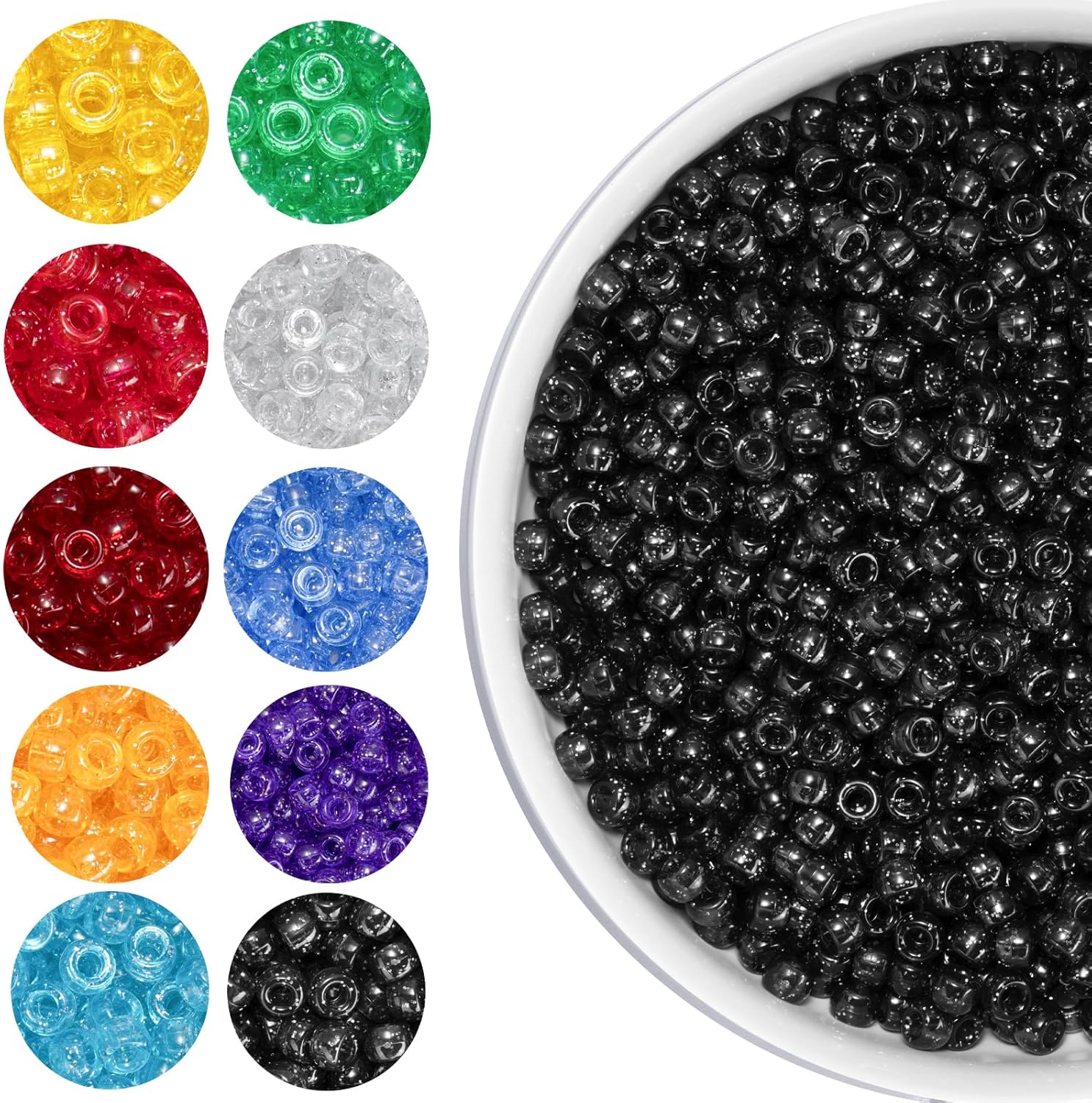 1200 cuentas de poni de 0.236 x 0.325 pulgadas, cuentas de plástico transparente con purpurina brillante para hacer pulseras, collares, joyas,