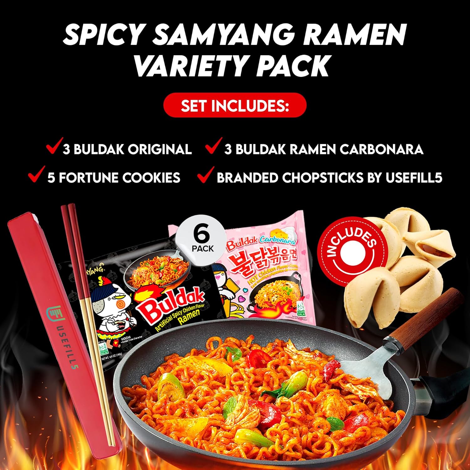 Buldak Ramen Fideos  Paquete de 6 fideos ramen coreanos  Buldak Ramen Carbonara Original Spicy Fideos Buldak Ramen Paquete variado  Incluye Samyang