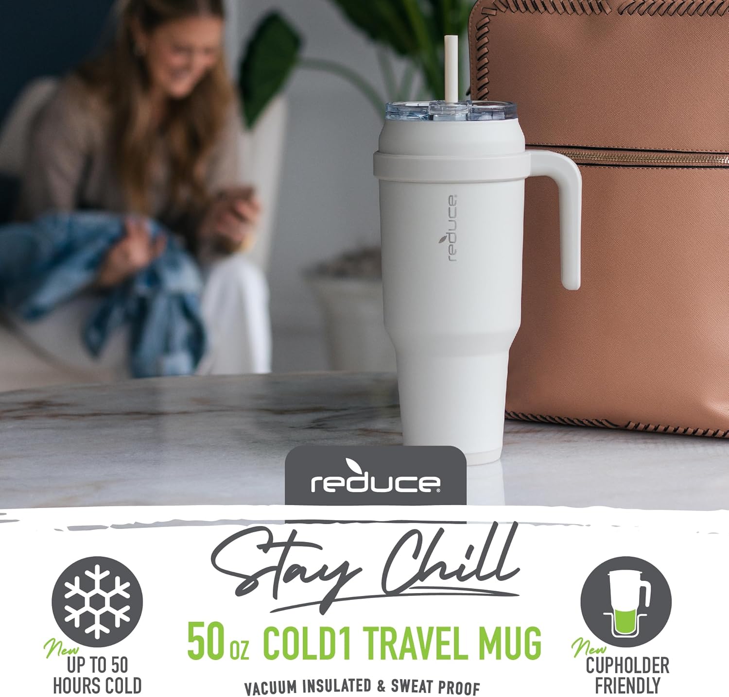 REDUCE Cold1 – Vaso de 50 onzas con asa, botella de agua de acero inoxidable aislada al vacío para el hogar, la oficina o el automóvil, taza