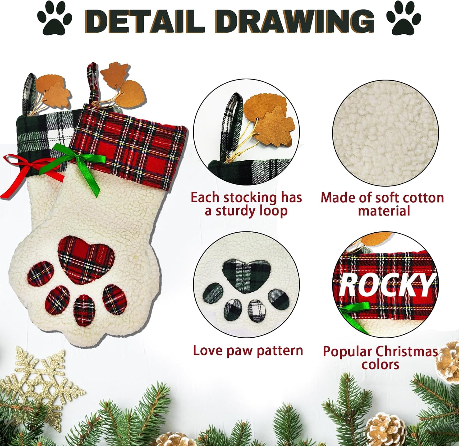 Medias de Navidad personalizadas para perros, de 18 pulgadas, grandes, con nombre 3D, muñeco de nieve, Papá Noel, ciervo, calcetín de Navidad