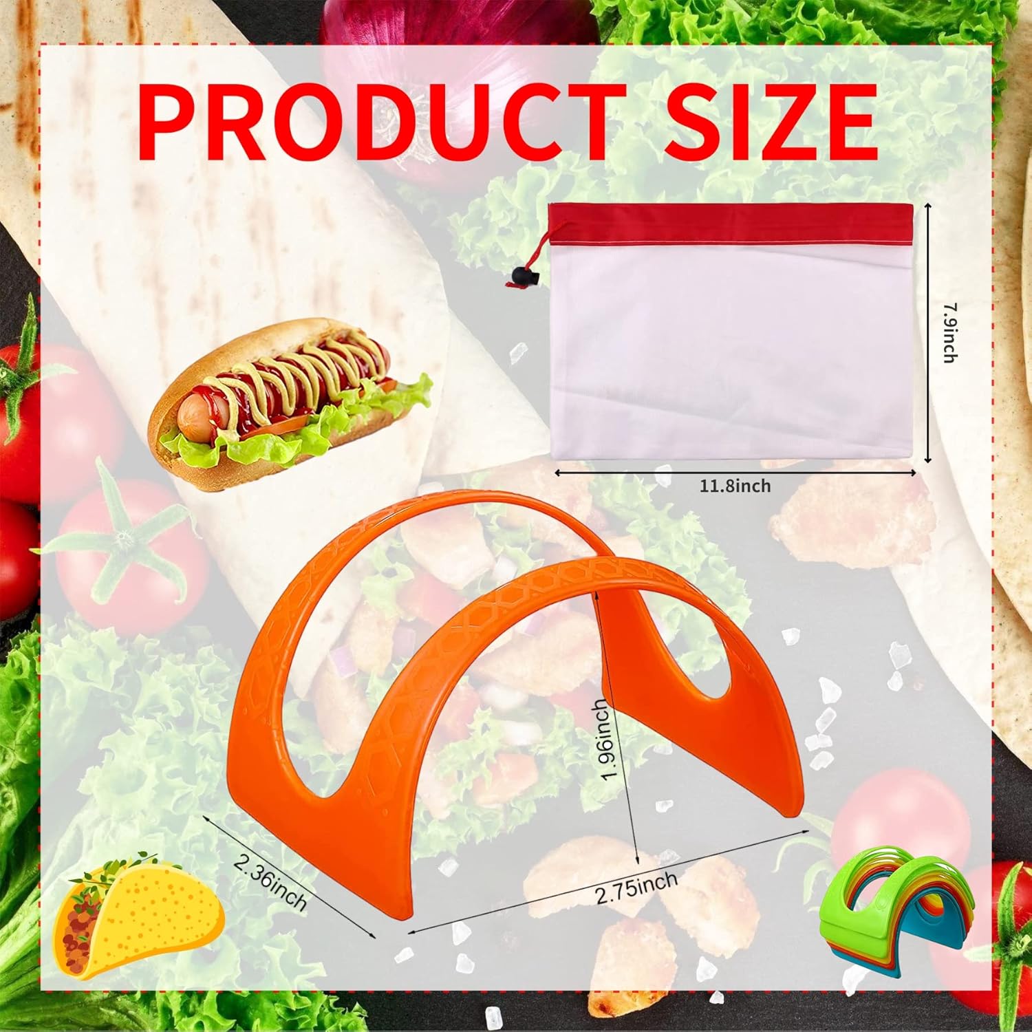 AOUXSEEM Paquete de 32 soportes para tacos con bolsa de almacenamiento, plástico no tóxico, sin BPA, colorido fondo plano, bandeja para tacos,