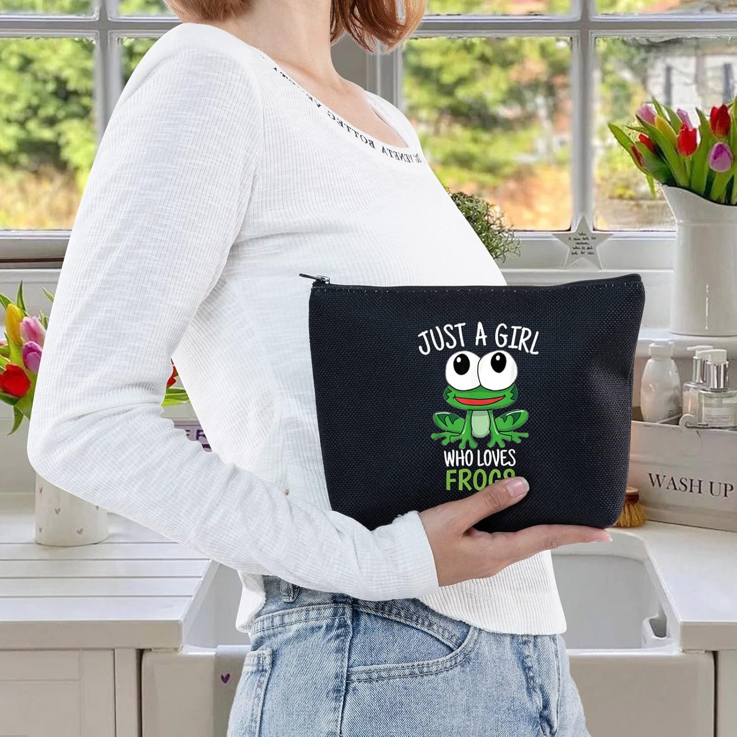 LEVLO Bolsa de maquillaje cosmética de rana divertida, regalo para amantes de los animales, solo una chica que ama a las ranas, bolsa de maquillaje