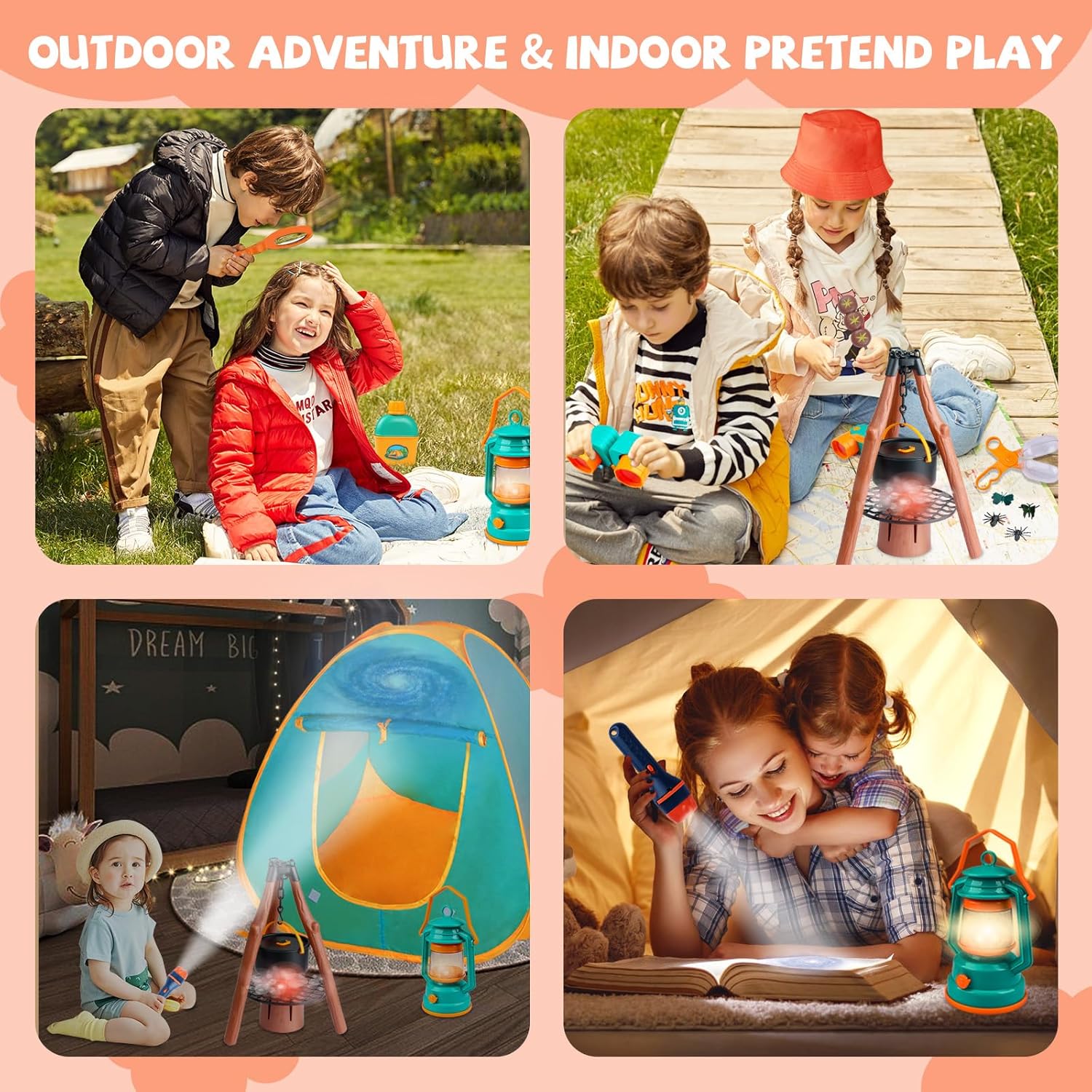 Juego de campamento para niños, 50 piezas con tienda de campaña y proyector espacial, juego de juguetes de fogata al aire libre para niños pequeños,