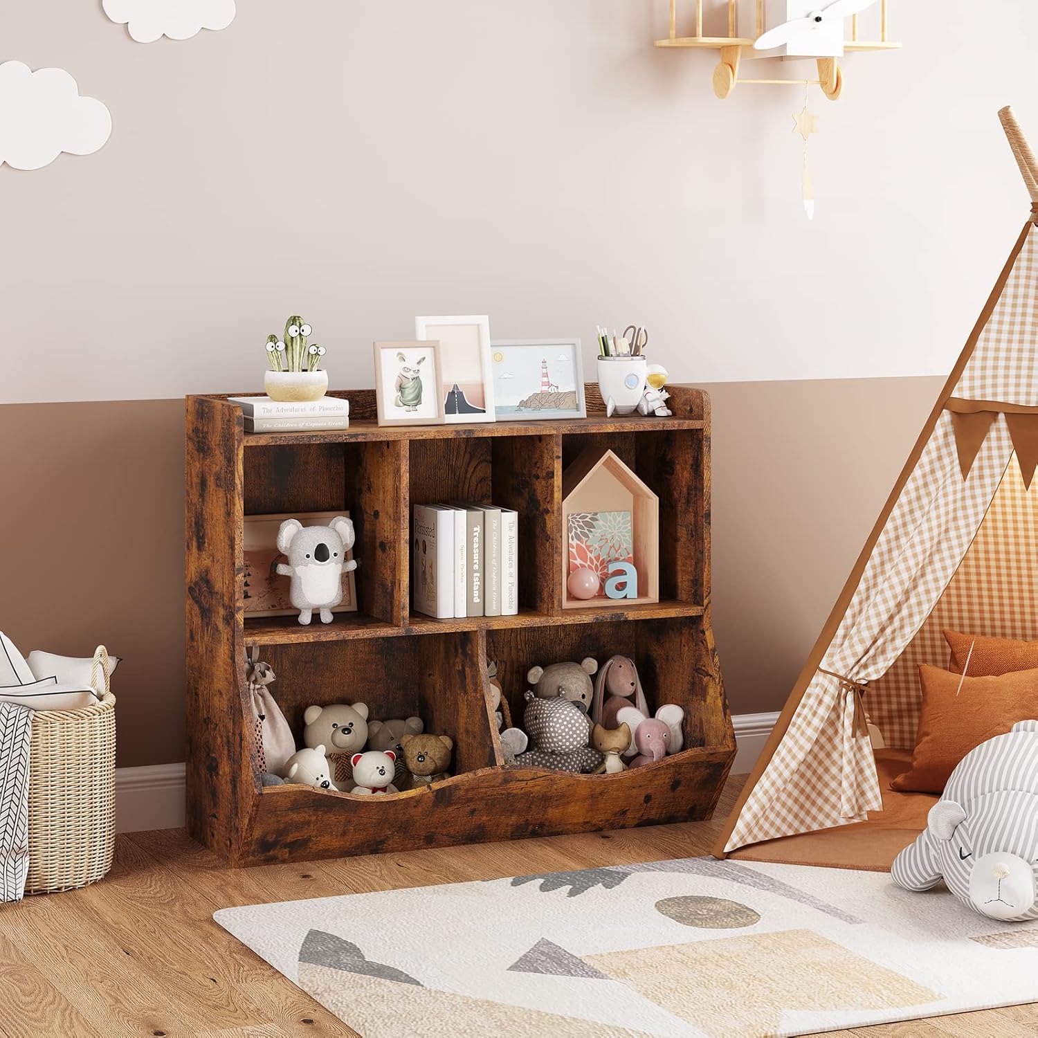 Estantería de juguetes y estantería para niños y niñas, estante múltiple con organizador de cubos para almacenamiento de libros y juguetes, para
