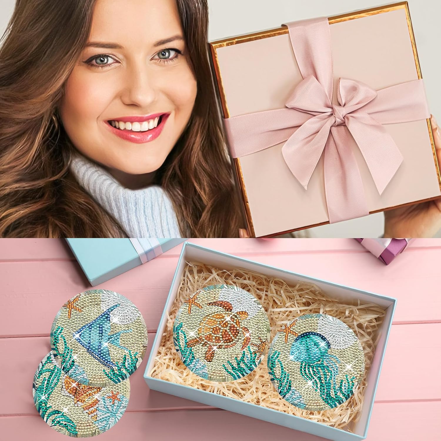 TDOOW Posavasos de pintura de diamante oceánico, 8 piezas de posavasos redondos de diamantes con soporte, posavasos de manualidades de diamantes