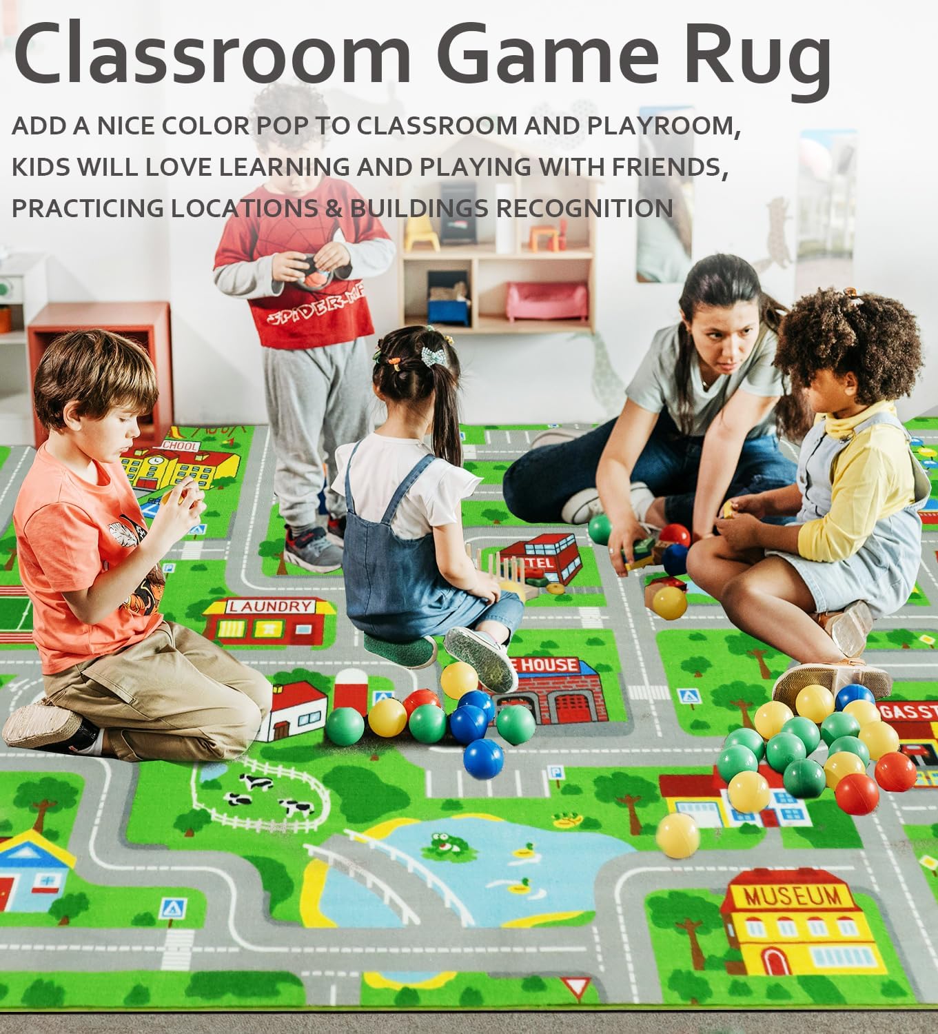 VSIWB Kids Carpet Playmat Car Rug 6’6” x 9’8” Educational Road Traffic Carpet Fun City Life Map Kids Car Rug Non Slip Play Carpet for Children