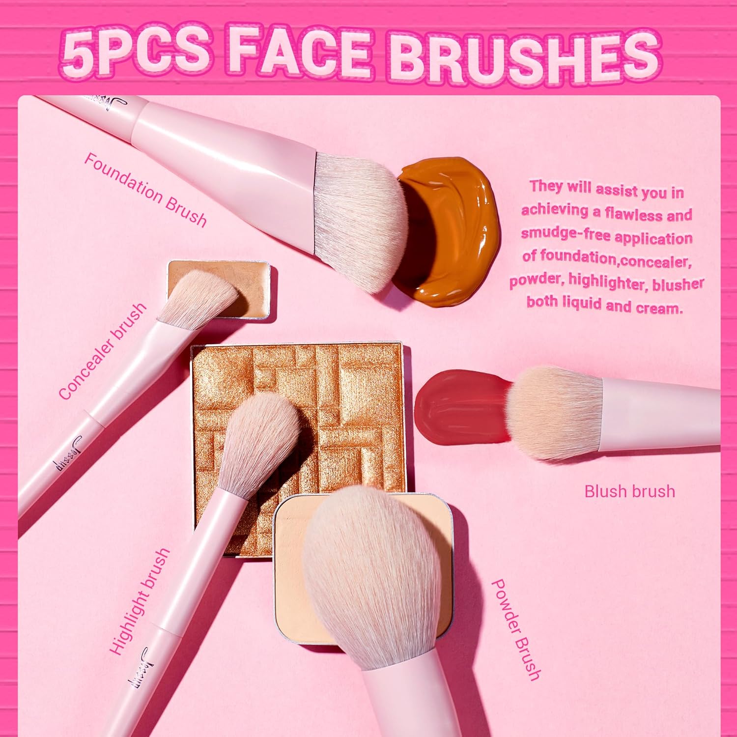Jessup Juego de 14 brochas de maquillaje rosadas, brochas de maquillaje veganas de primera calidad, corrector de base, rubor, sombra de ojos,