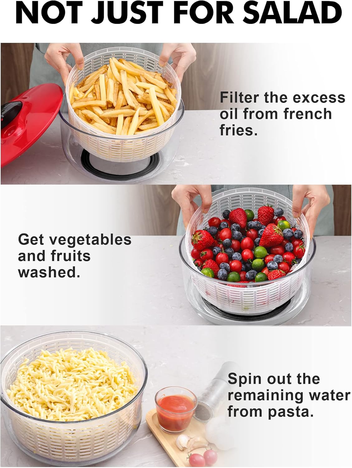 Escurridor de ensalada de gran capacidad de 5 litros, fácil de limpiar, con cuenco, lavadora y secadora, apto para lavavajillas, ideal para verduras