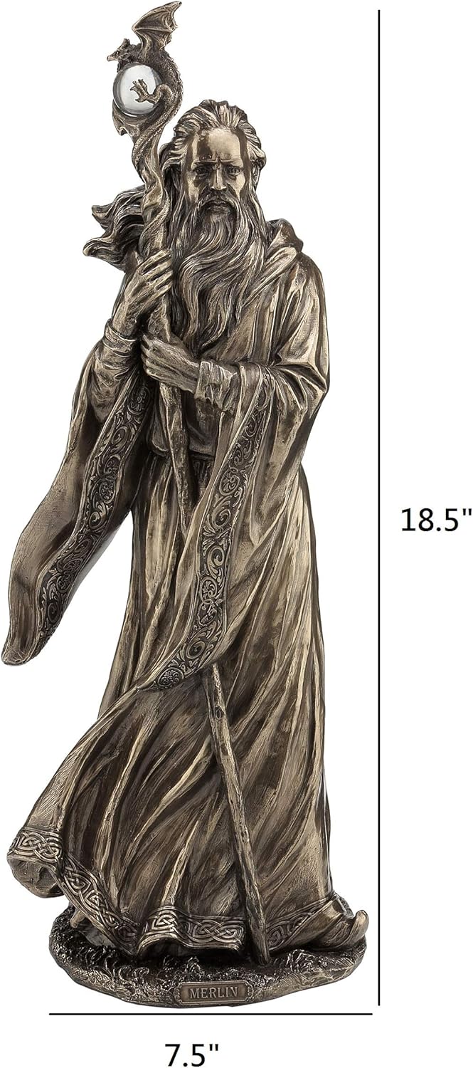 Veronese Design Bastón de bola de cristal de dragón de gran mago de Merlín de 18.5 pulgadas, resina fundida en frío, acabado de bronce antiguo,