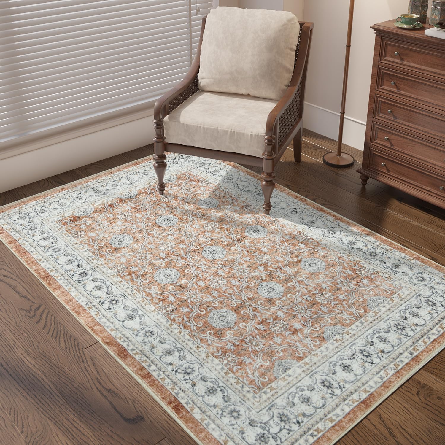 jinchan Alfombra lavable de 3 x 5 para entrada, de pelo bajo, bohemio, con estampado floral, suave, resistente a las manchas, antideslizante,