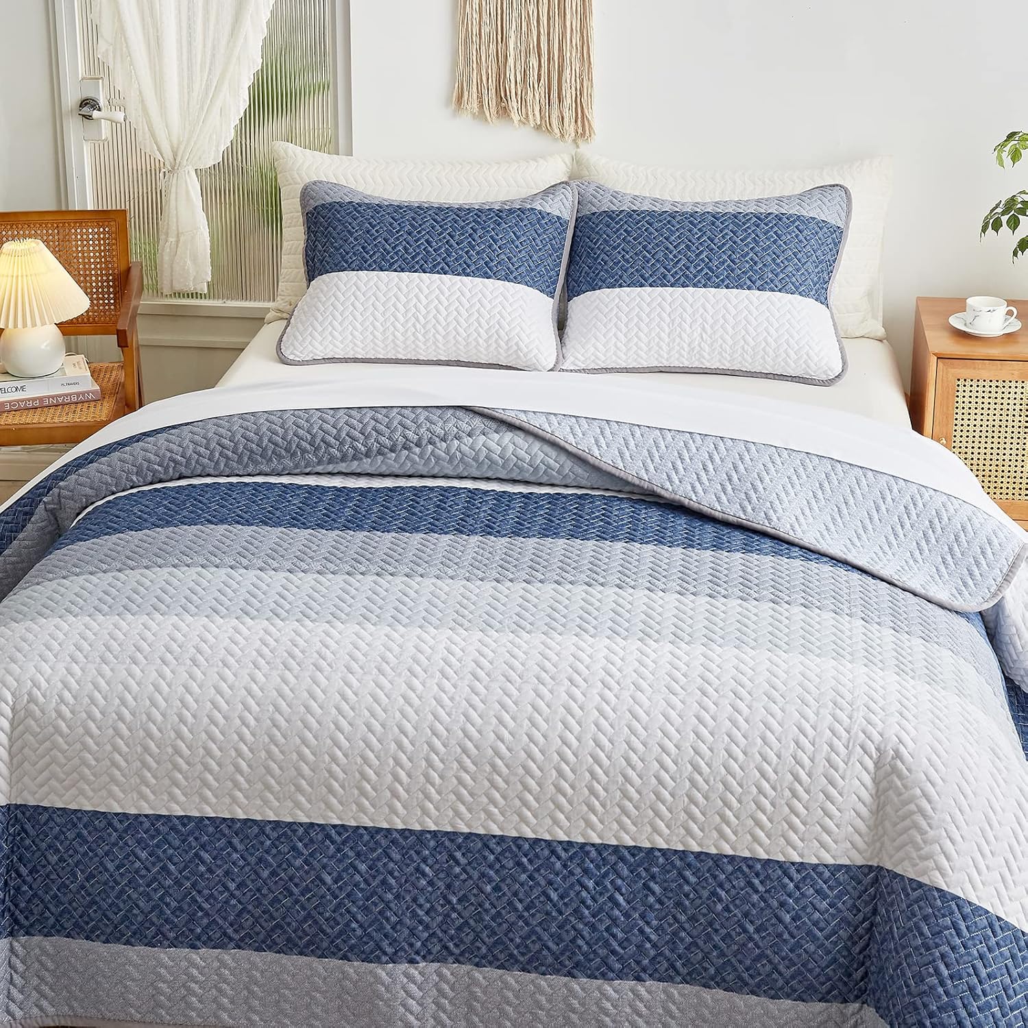 Juego de edredón de algodón a rayas tamaño King con rayas azul marino, blanco, azul, gris, algodón suave, reversible, juego de ropa de cama de 3