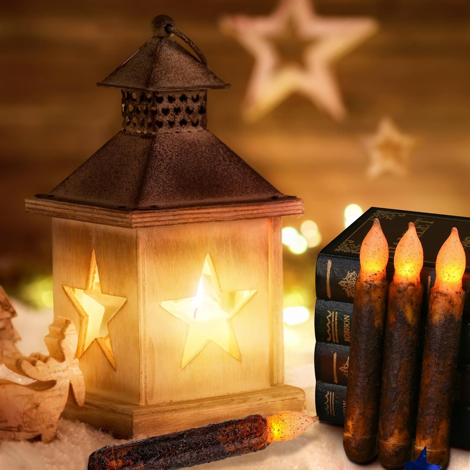 Lpraer Paquete de 6 velas cónicas de pilar de cera real, velas de goteo primitivas, sin llama, parpadeantes, luces LED sumergidas, funciona con
