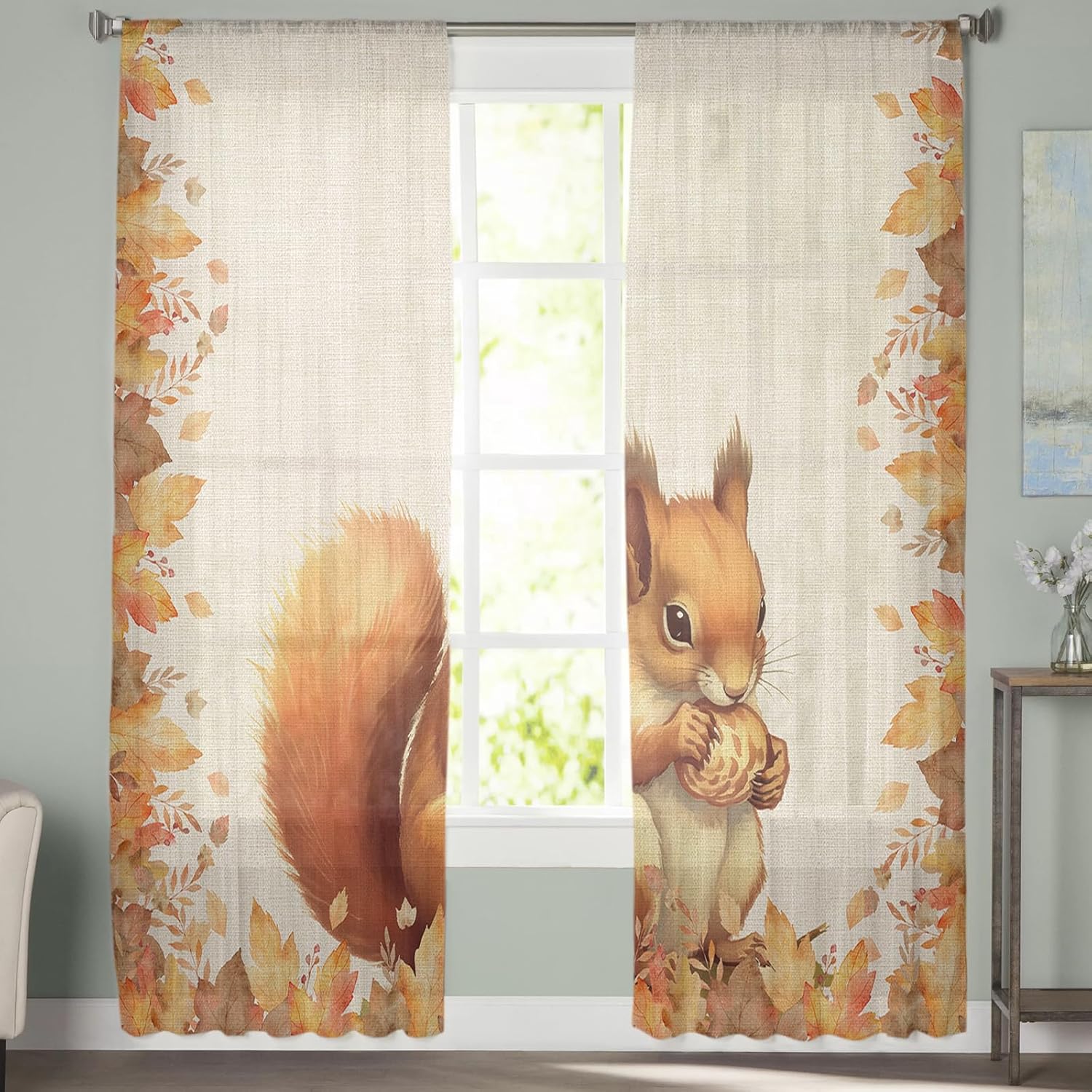 Thanksgiving Squirrel Voile Sheer Curtain 63 Inch Rod Pocket Kitchen Cafe Chiffon Window Curtain Panels Tulle Drape Curtains for Bedroom Living