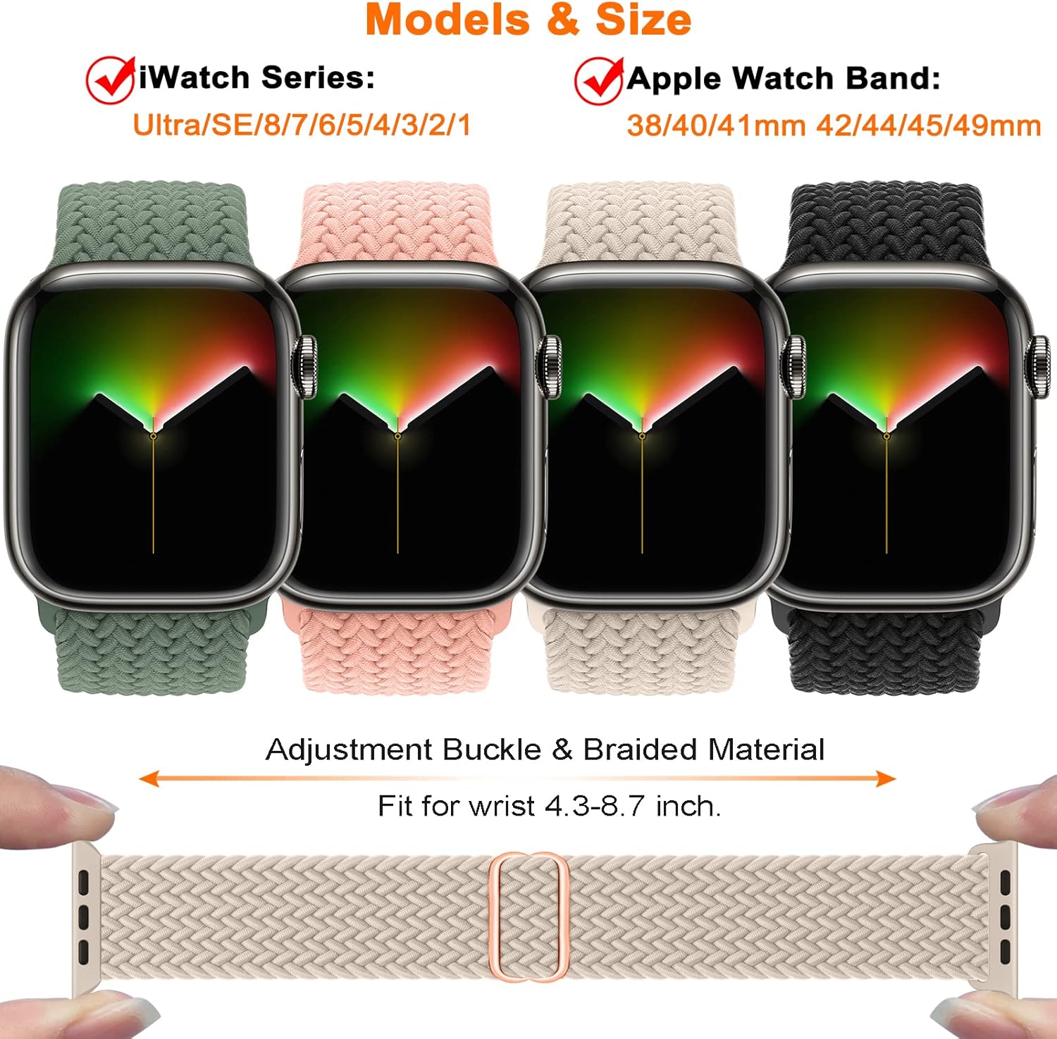 Paquete de 4 correas trenzadas Solo Loop compatibles con Apple Watch de 1.929 in 1.772 in 1.732 in 1.654 in para mujeres y hombres, correas