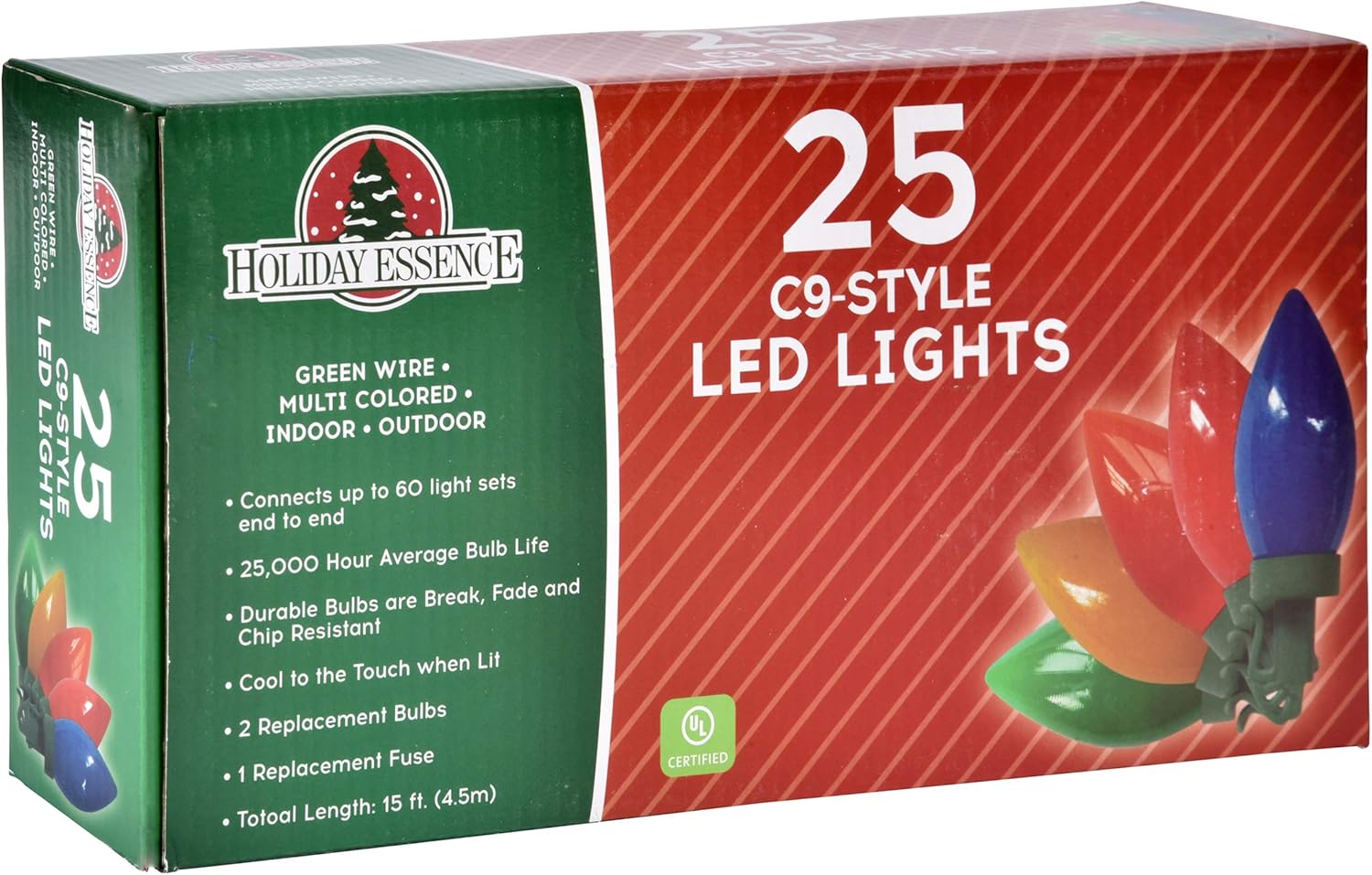 Holiday Essence C9 – Tira de luces LED de Navidad, bombillas multicolores, cable verde, para uso decorativo en interiores y exteriores, 25 unidades,