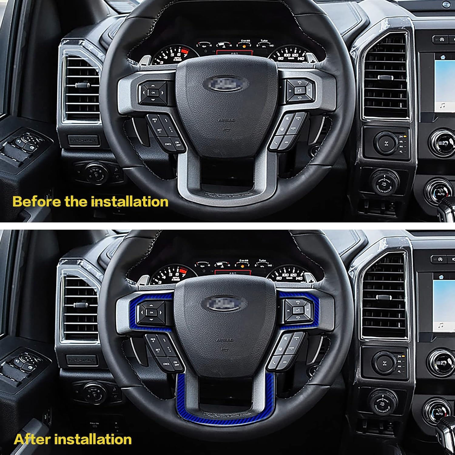 YAMUDA Compatible con 3 piezas de fibra de carbono para volante de automóvil, accesorios interiores para Ford F150 2015 2016 2017 2018 2019 2020