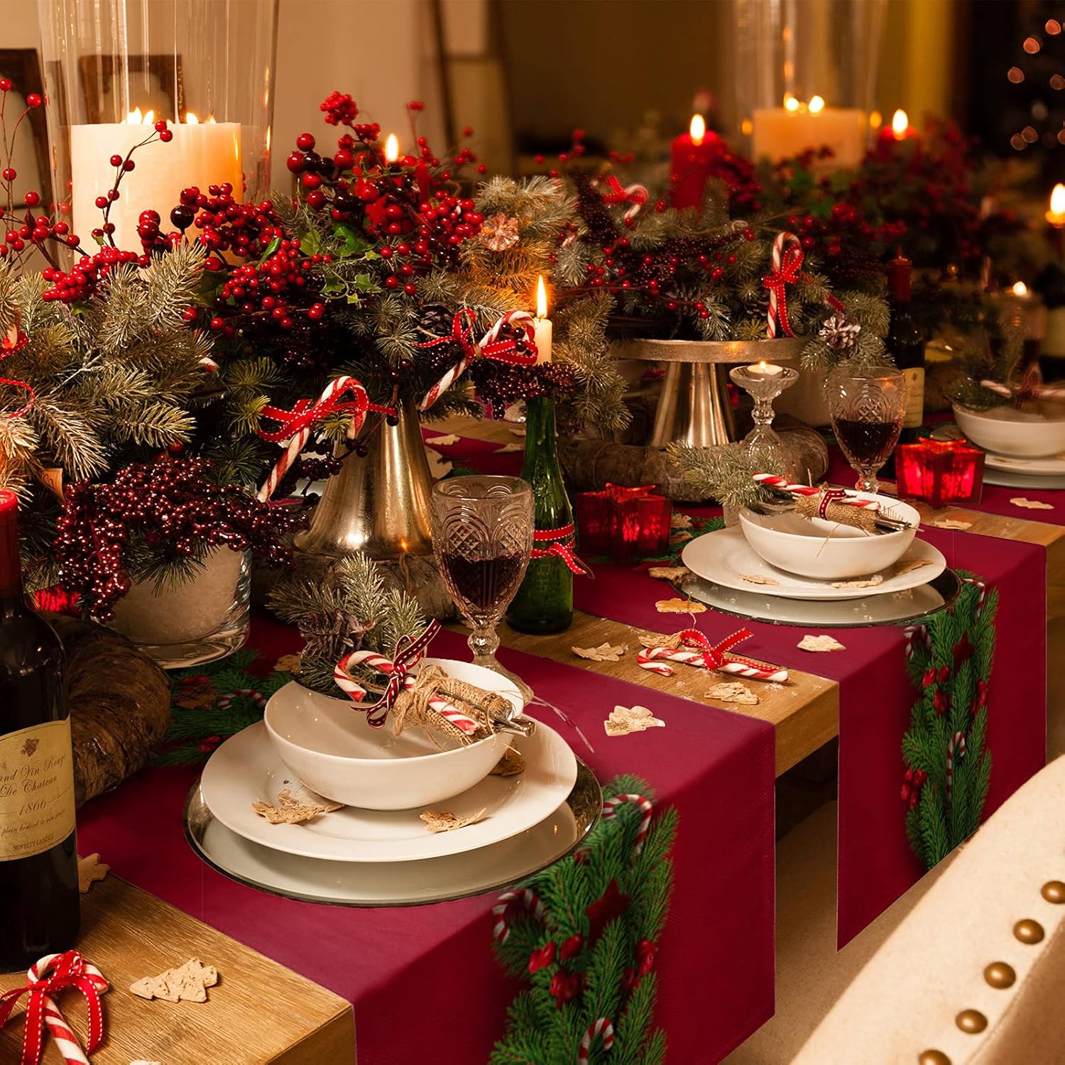 Caminos de mesa de Navidad de 70 pulgadas de largo, árboles de Navidad, ropa de cama de algodón rojo, bufandas para bodas, mesas de comedor,