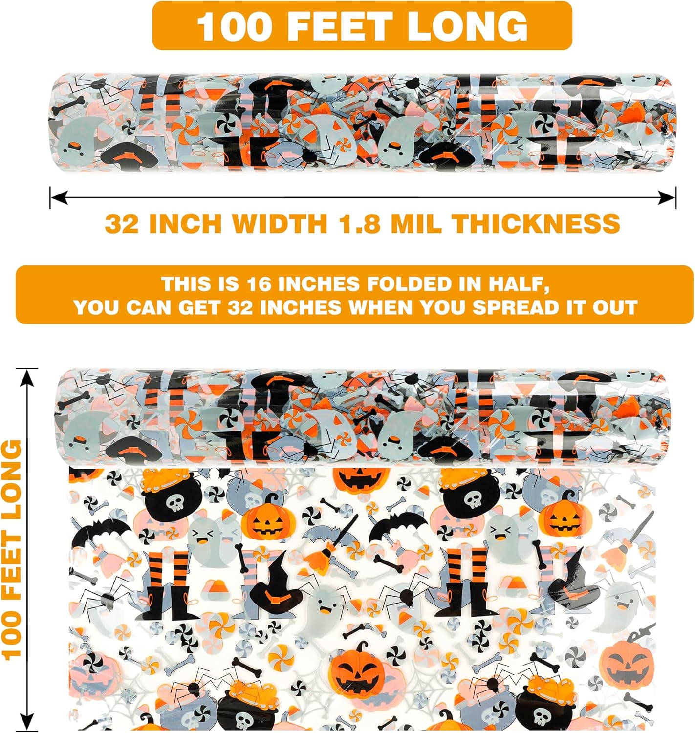 Rollo de celofán de Halloween de 100 pies x 32 pulgadas, 2.3 mil de grosor, bolsas de celofán transparentes con calabaza, fantasma, araña, celofán,