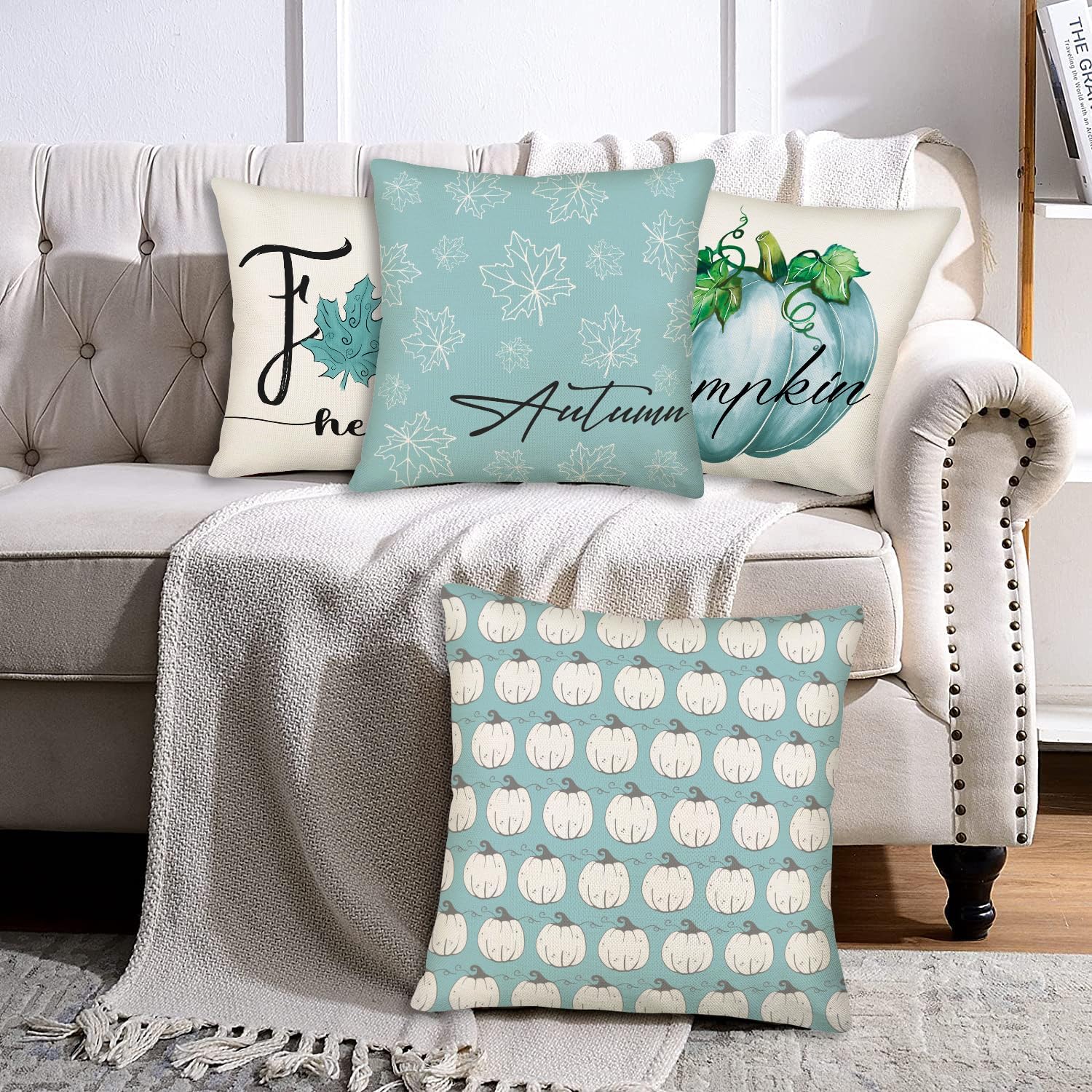 Juego de 4 fundas de almohada azules de otoño de 18 x 18 pulgadas para decoración de otoño, calabaza y hojas de arce para exteriores, almohadas