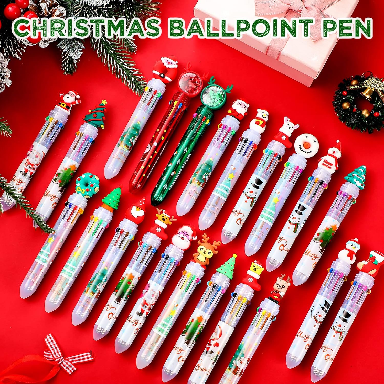 Yexiya Bolígrafo multicolor de Navidad 10 en 1, bolígrafos retráctiles de colores, árbol de Navidad, Papá Noel, muñeco de nieve, reno, lindos