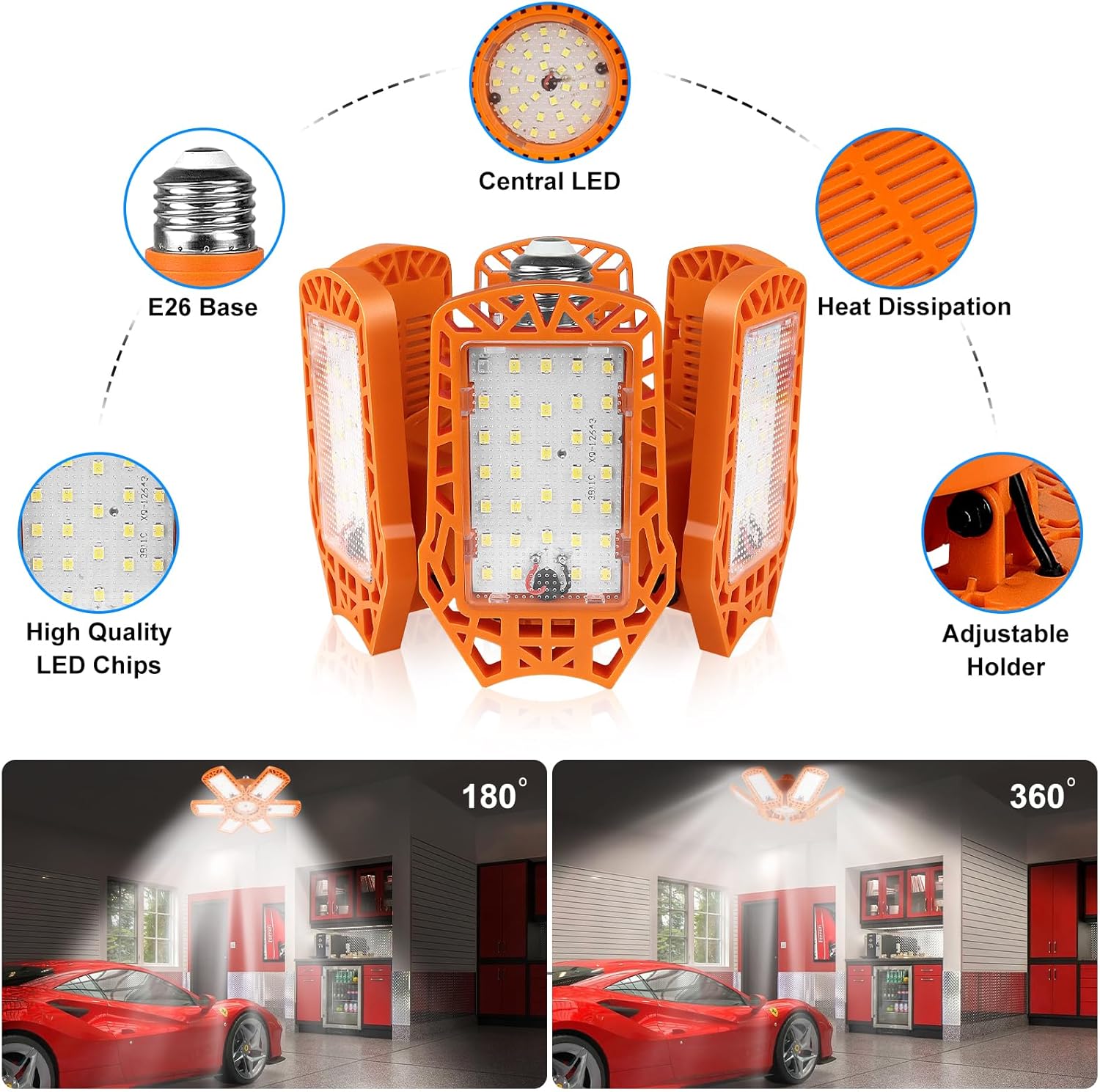 Luz de garaje de 185 W, luz LED naranja de 18500 lm con 6+1 paneles deformables, luces LED de techo de garaje compatibles con base E26E27 para