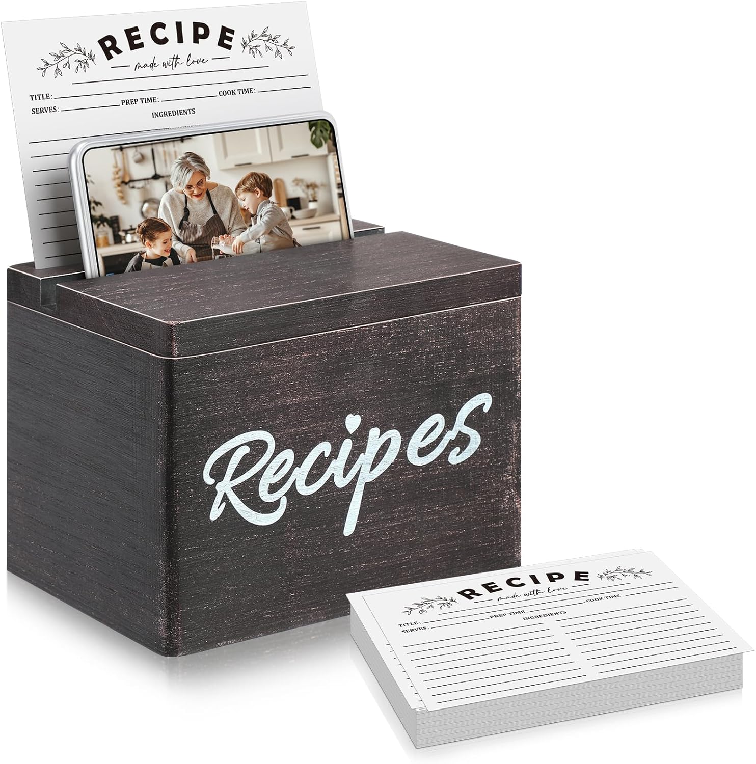 Hoteam Caja de recetas de madera con tarjetas y soporte para tarjetas de recetas de madera rústica con 50 tarjetas de recetas de 5 x 7 pulgadas,