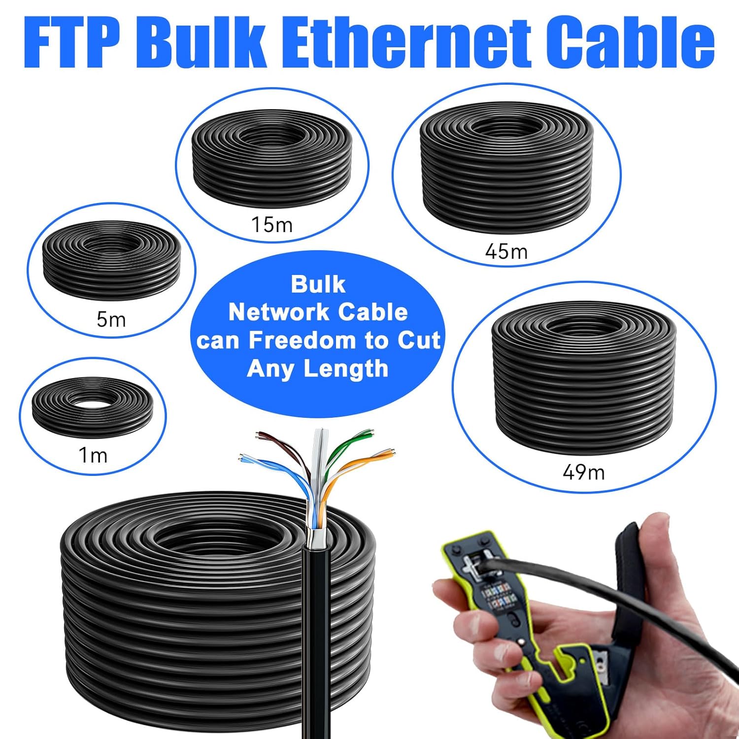 Cable Ethernet Cat 6 de 200 pies para exteriores, cable blindado FTP Cat 6 Gigabit 23 AWG, resistente, entierro directo, impermeable, en tierra,