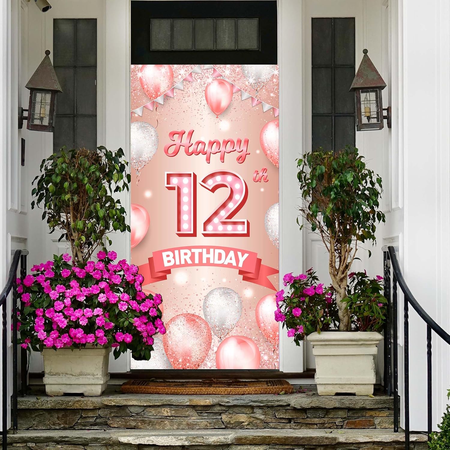 Cartel de feliz cumpleaños número 12 de oro rosa, telón de fondo de globos de confeti de 12 años, decoración temática de globos de confeti para
