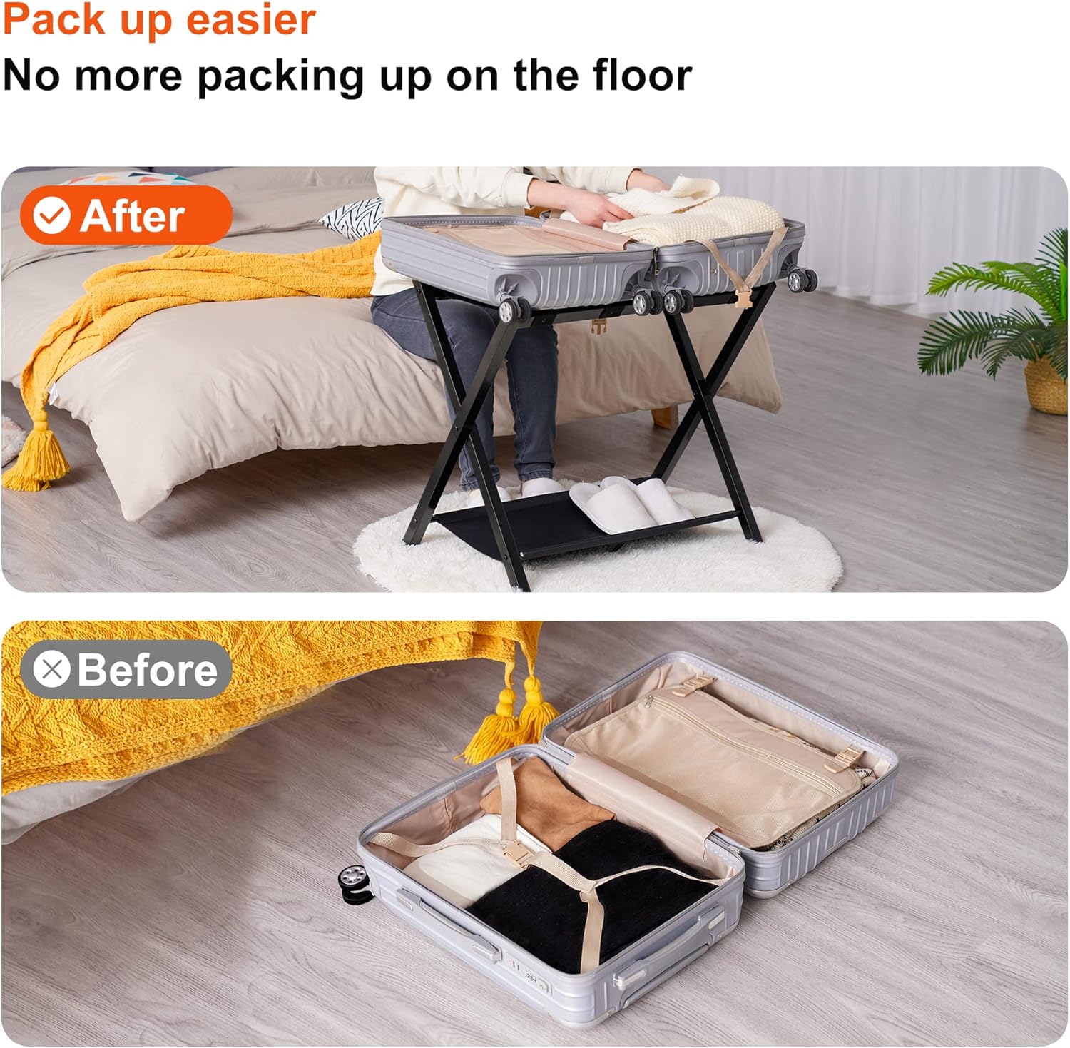 Heybly Portaequipajes, paquete de 2, soporte plegable de acero para maleta con estante de almacenamiento para habitación de invitados, dormitorio,