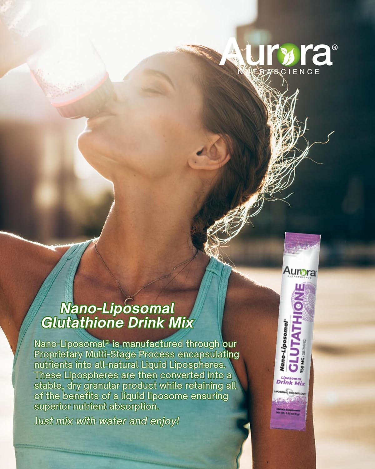 Aurora Nutrascience, glutatión nano-liposomal, mezcla de bebidas, 750 mg por porción, paquetes individuales