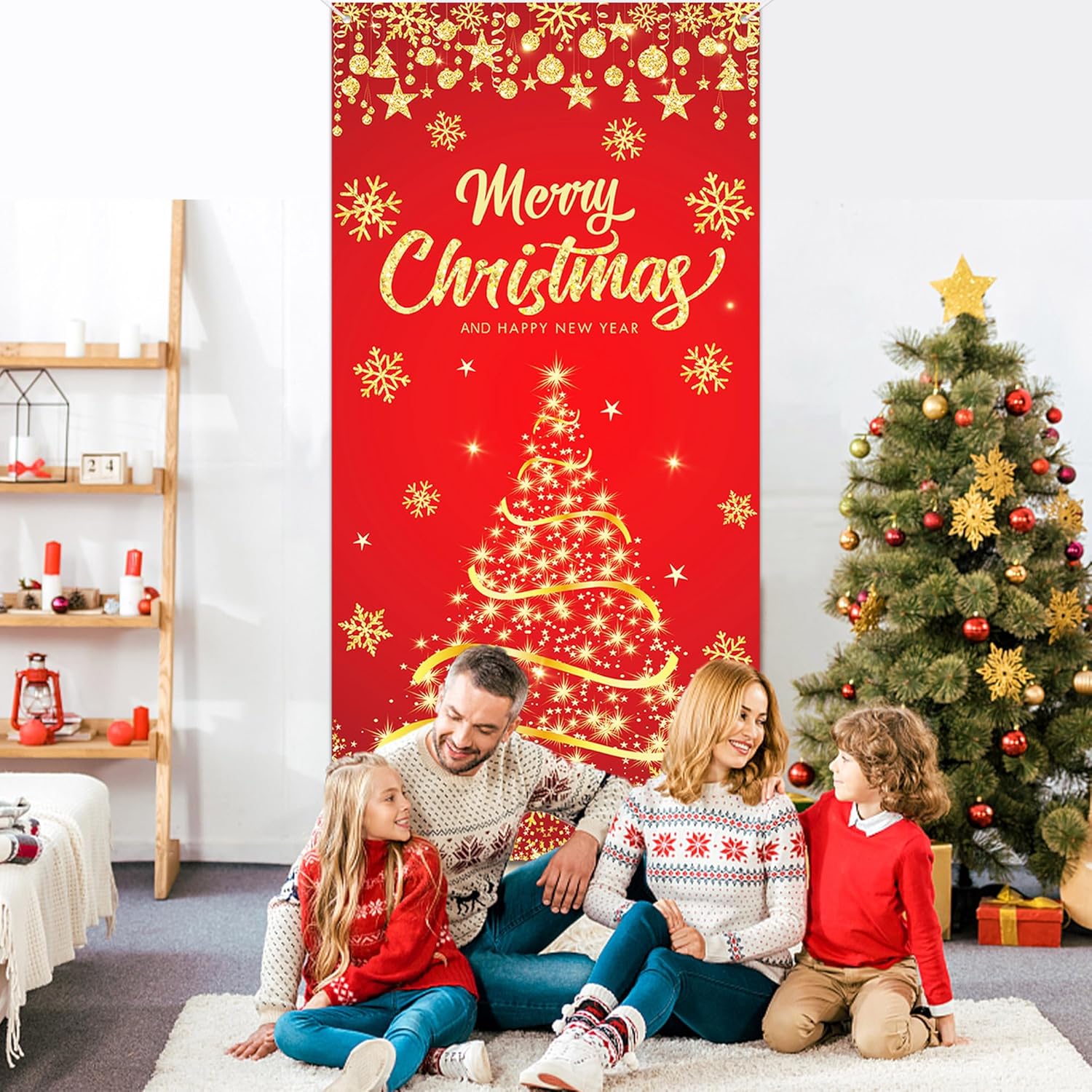 Cubierta de puerta de Navidad dorada para árbol de Navidad, pancarta con purpurina de copo de nieve, cubierta de puerta, fondo de fotografía para