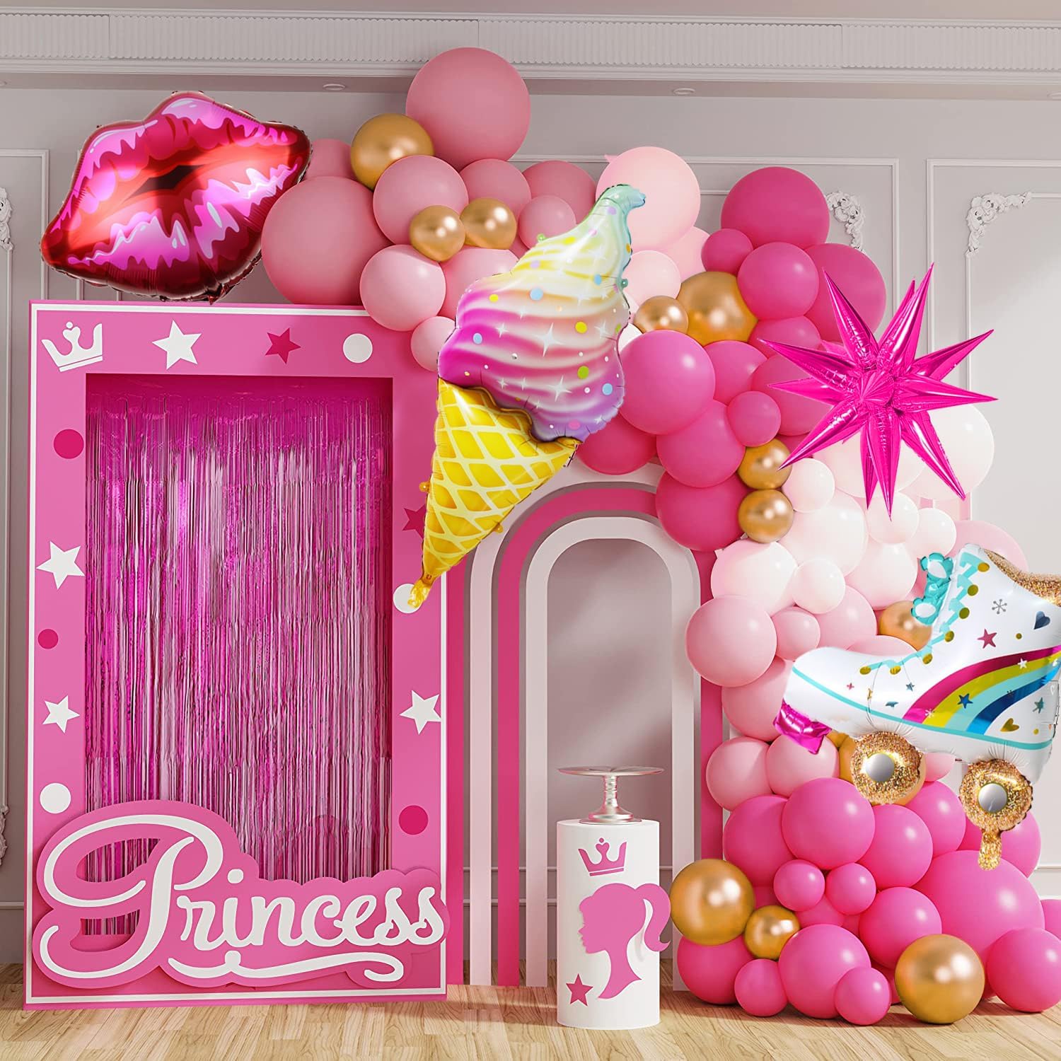 Kit de arco de guirnalda de globos rosas de 128 piezas con globo metálico dorado rosa intenso para fiesta temática de princesa, cumpleaños de niña