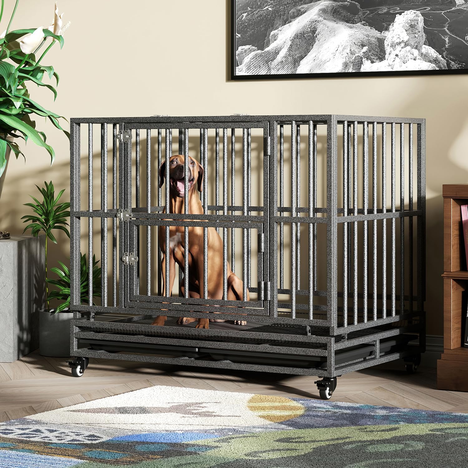 Luckyberry Jaula de perro indestructible extra grande de 42 pulgadas para interiores con ruedas bloqueables para la ansiedad de separación y bandeja