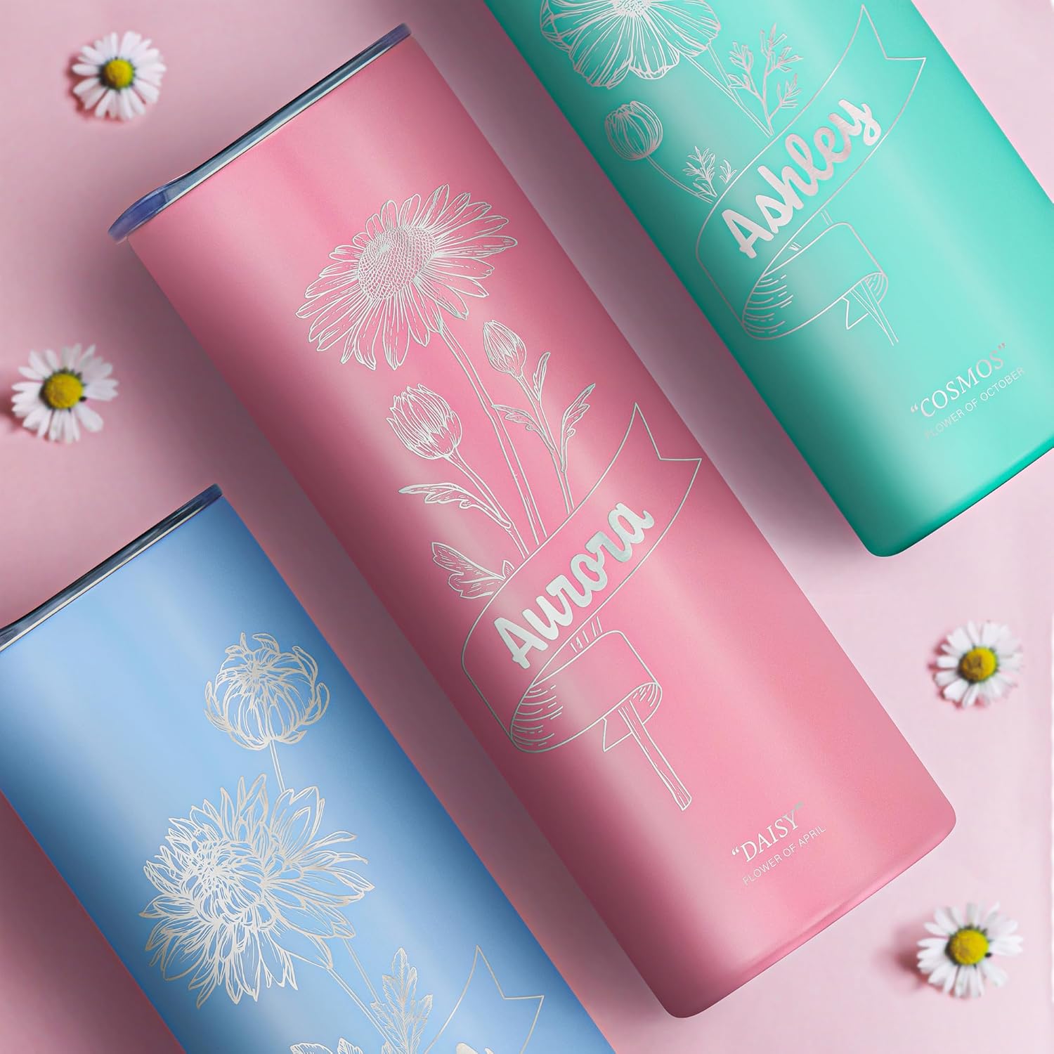 Vaso personalizado con flor de nacimiento grabada y nombre, vaso de café aislado al vacío de acero inoxidable de 20 onzas con tapa deslizante, taza