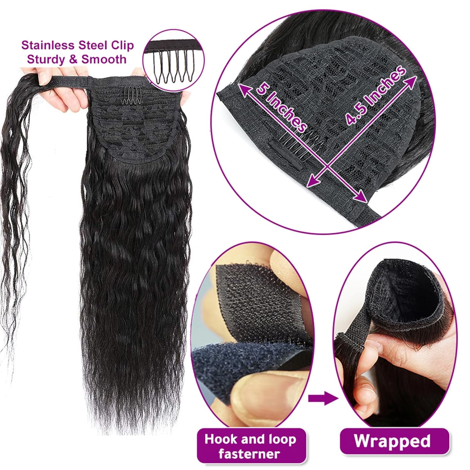 Extensiones de cabello humano 100 % real, cola de caballo envolvente, ondas de agua, pasta mágica, natural, ondulado, rizado profundo, para mujeres