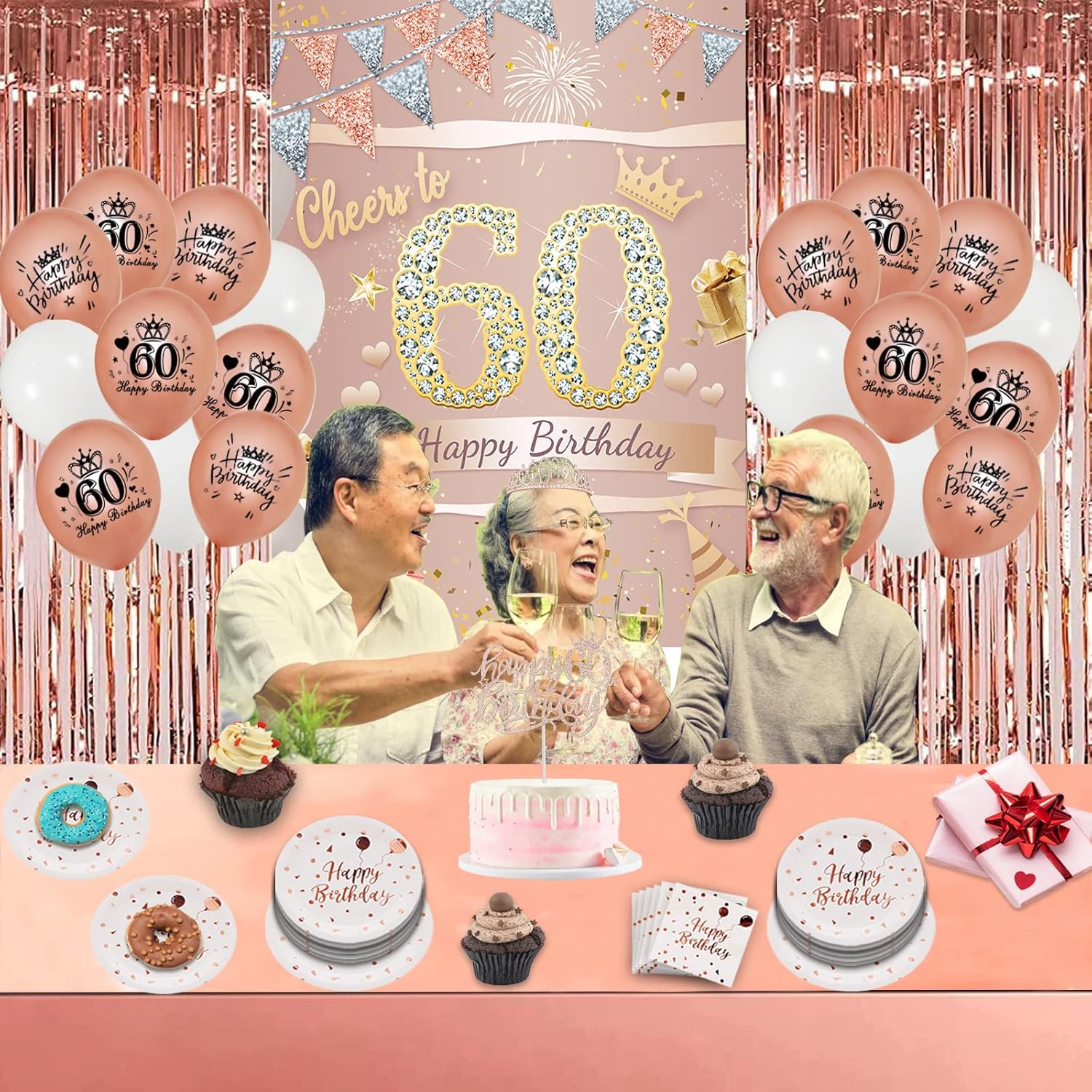 Decoraciones de 60 cumpleaños para mujer, 90 piezas de oro rosa y fabulosas decoraciones de cumpleaños 60, incluyendo telón de fondo de pancarta de