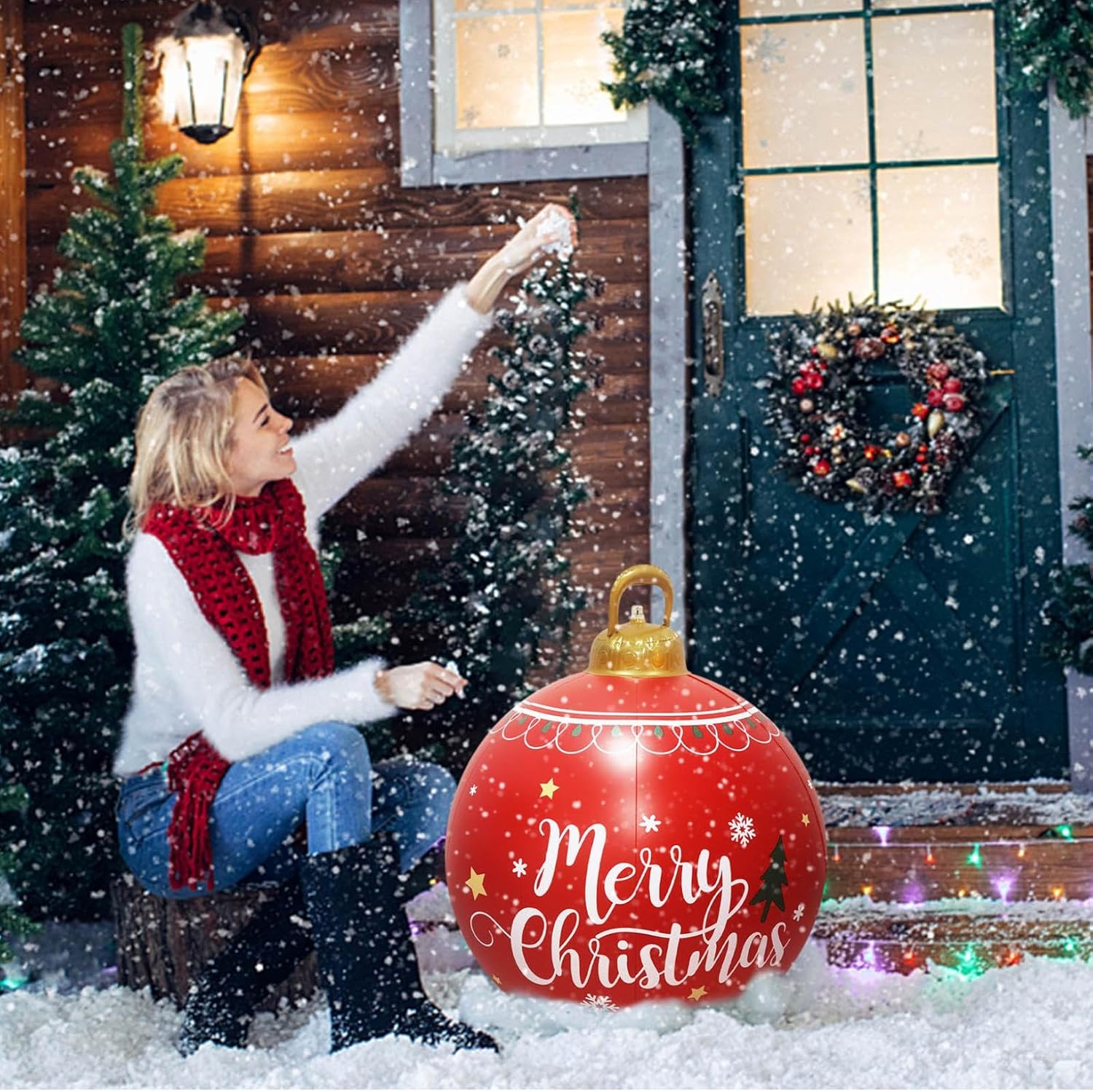 Bola gigante de PVC inflable decorada de 24 pulgadas  Feliz día festivo para interiores y exteriores, adornos para vacaciones, patio, césped,