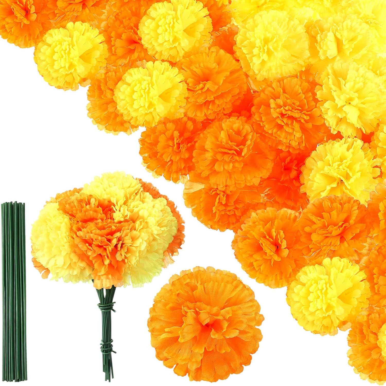 100 flores artificiales de caléndula con tallos de 3.5 pulgadas, flor falsa de caléndula de seda para fiesta de Halloween, decoración de altar para