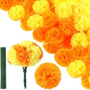 100 flores artificiales de caléndula con tallos de 3.5 pulgadas, flor falsa de caléndula de seda para fiesta de Halloween, decoración de altar para 100 flores artificiales de caléndula con tallos de 3.5 pulgadas, flor falsa de caléndula de seda para fiesta de Halloween, decoración de altar para